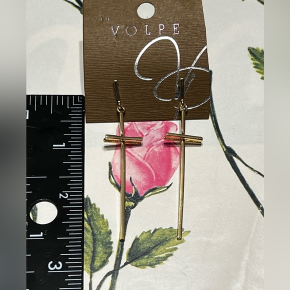 New La Volpe 2.5” Gold Tone Dangling Cross Shape Earrings - Picture 2 of 10